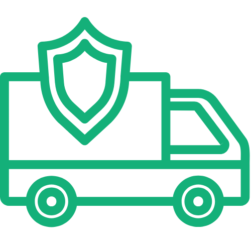 Outline of a truck with a shield symbol on the side, representing vehicle security or protection.