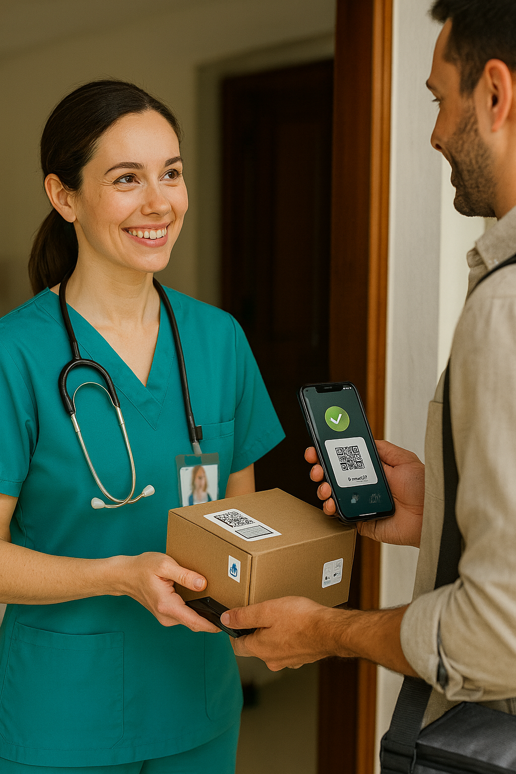 A female healthcare worker in teal scrubs and a stethoscope around her neck is smiling as she receives a package with a QR code from a man. The man is holding a smartphone with a green checkmark on the screen, indicating a successful scan or verification.
