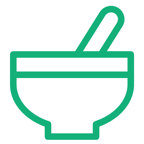 Line drawing of a bowl with a spoon inside it.