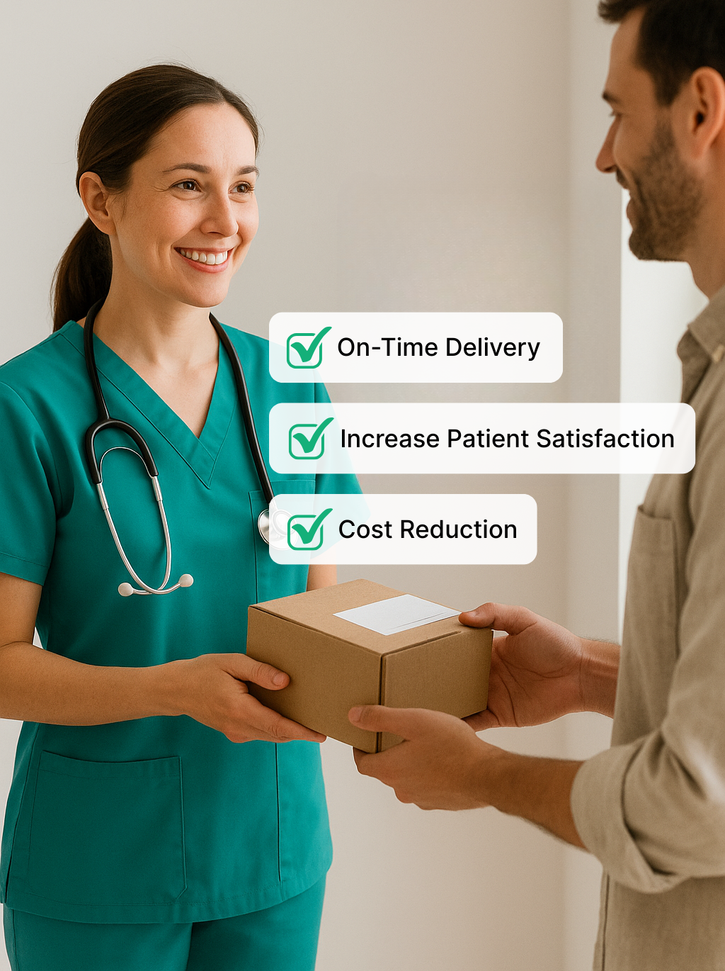 Nurse receiving a package; overlay checklist reads “On-Time Delivery”, “Increase Patient Satisfaction”, and “Cost Reduction”.