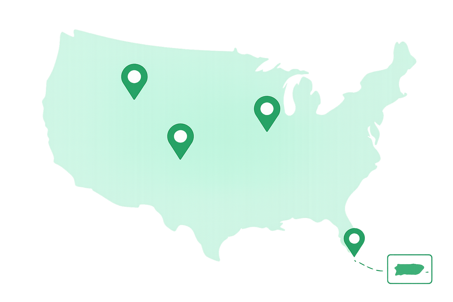 United States and Puerto Rico coverage map with location markers showing Flexio driver network and delivery routes