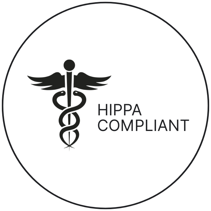 A circular badge featuring a caduceus symbol with wings and a staff intertwined by a serpent, alongside the text 'HIPPA COMPLIANT'.